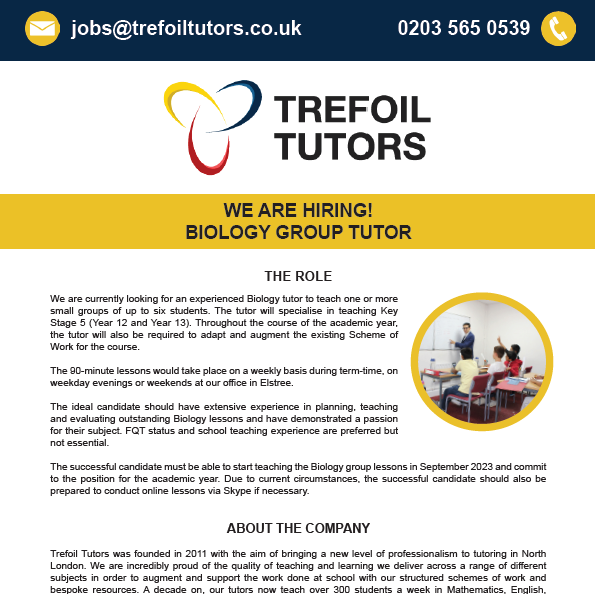 WE ARE RECRUITING: TUTOR OF BIOLOGY