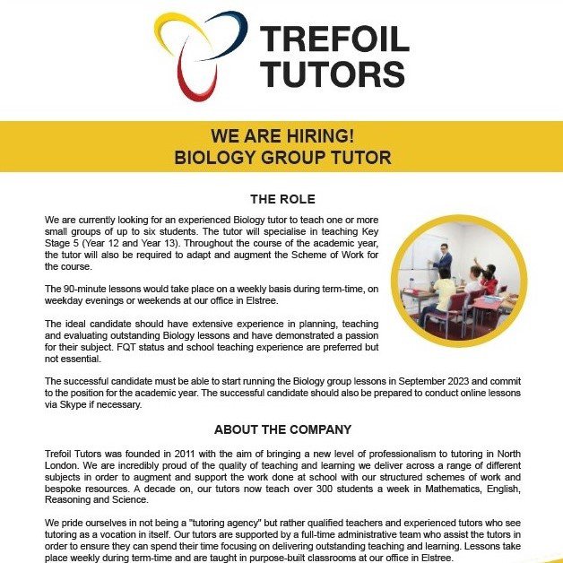WE ARE RECRUITING: TUTOR OF BIOLOGY