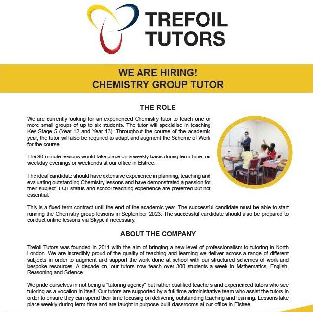 WE ARE RECRUITING: TUTOR OF CHEMISTRY