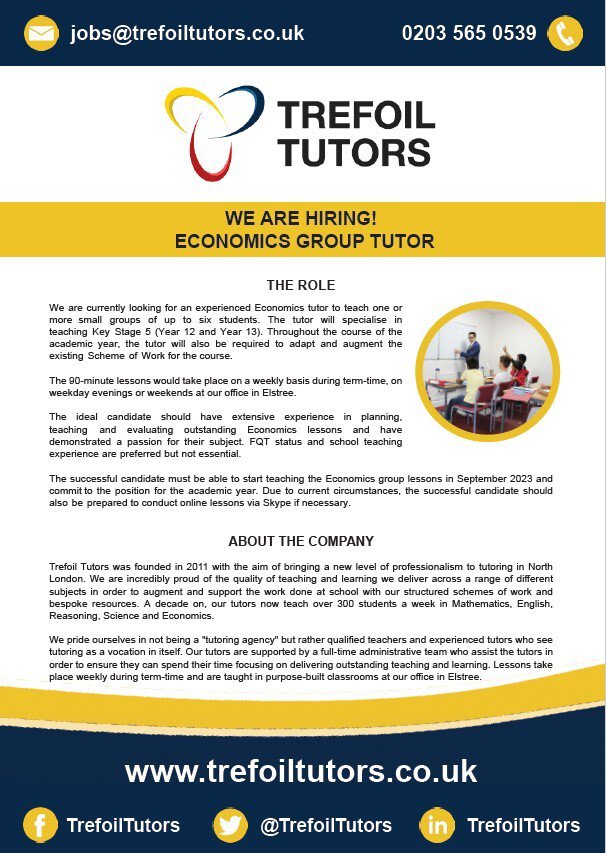 WE ARE RECRUITING: TUTOR OF ECONOMICS