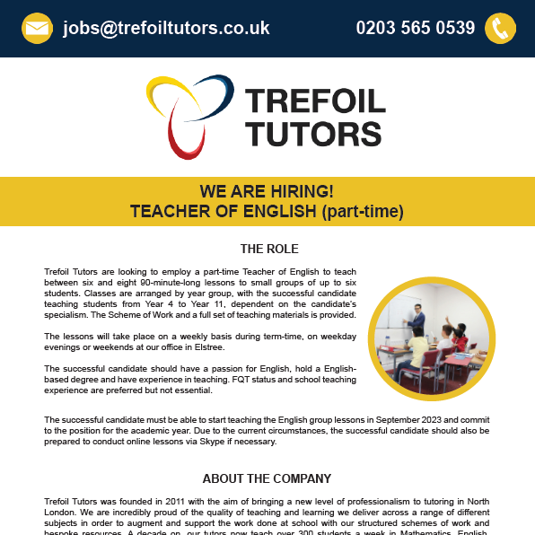 WE ARE RECRUITING: TUTOR OF ENGLISH (PART-TIME)