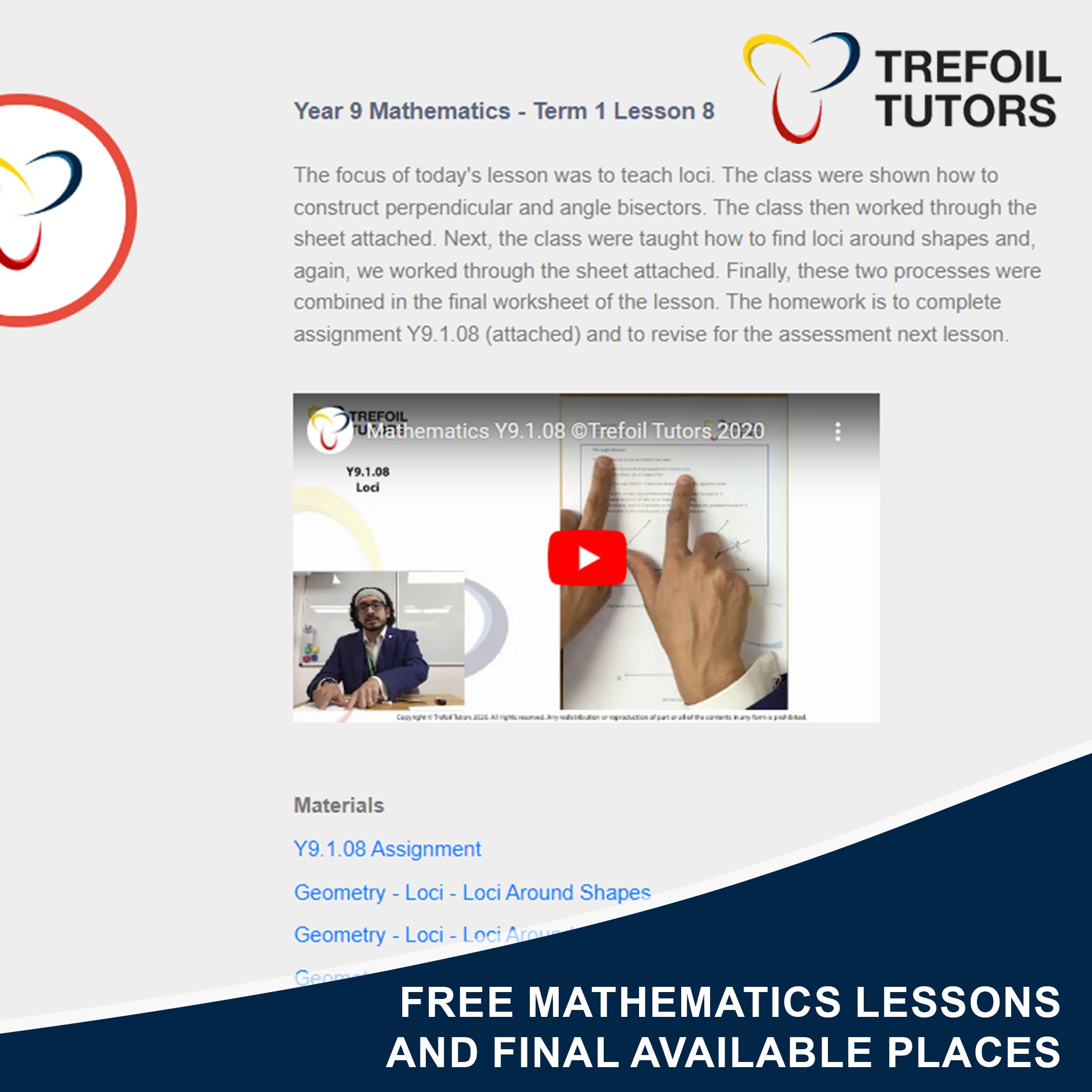 FREE MATHEMATICS LESSONS AND FINAL AVAILABLE PLACES