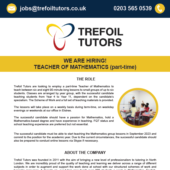 WE ARE RECRUITING: TUTOR OF MATHEMATICS (PART-TIME)