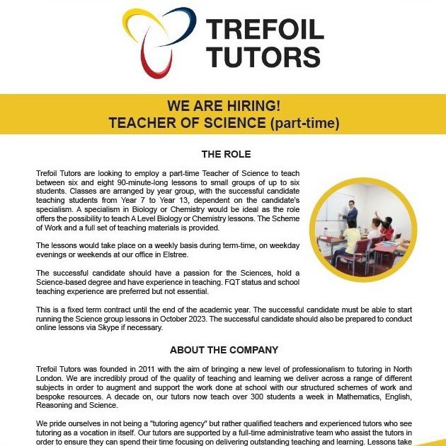 WE ARE RECRUITING: TUTOR OF SCIENCE (PART-TIME)
