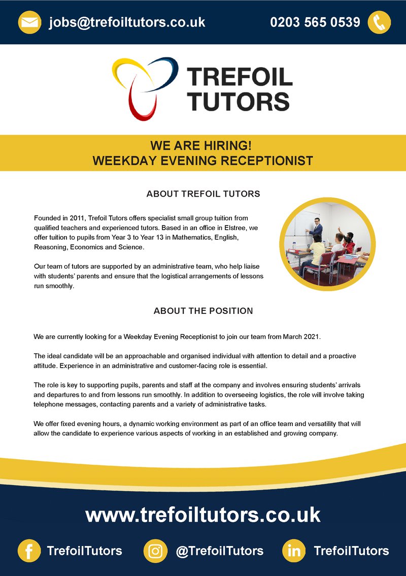 Weekday evening receptionist job advert - Trefoil Tutors March 2021-01.jpg