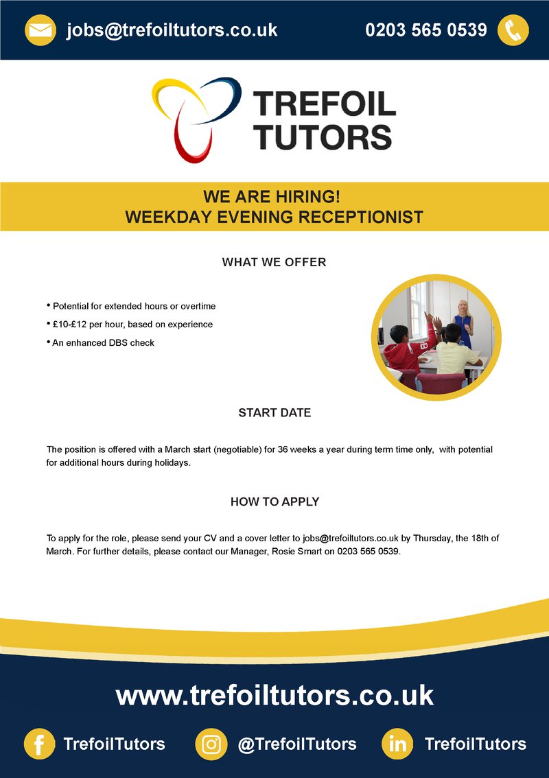 Weekday evening receptionist job advert - Trefoil Tutors March 2021-02.jpg