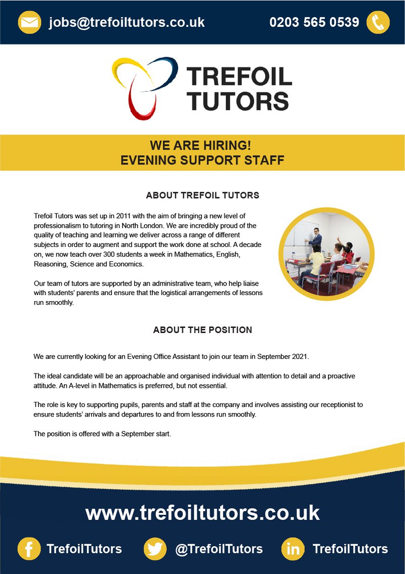 Weekday evening receptionist job advert - Trefoil Tutors Mar 2021-01.jpg